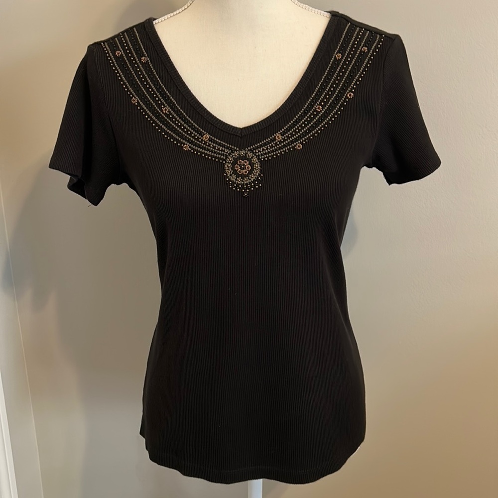 Style & co. size small black tee shirt with beading and stitching